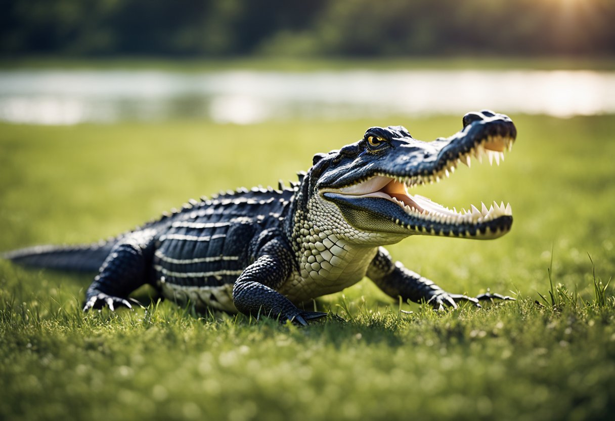 An alligator stalks prey on land, moving swiftly through the grass with powerful strides