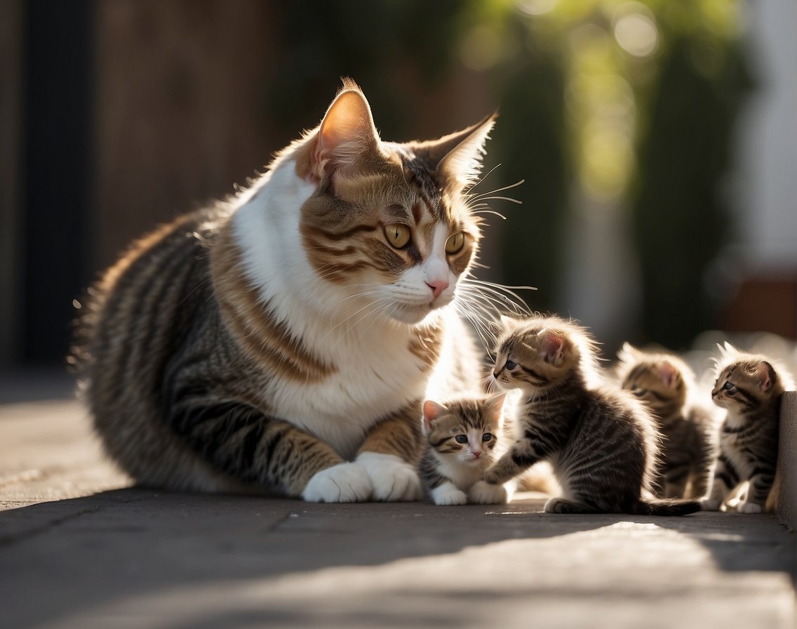 A male cat nuzzles and grooms a group of kittens, displaying protective and nurturing behavior. The kittens playfully interact with the male cat, indicating a recognition of their paternal figure