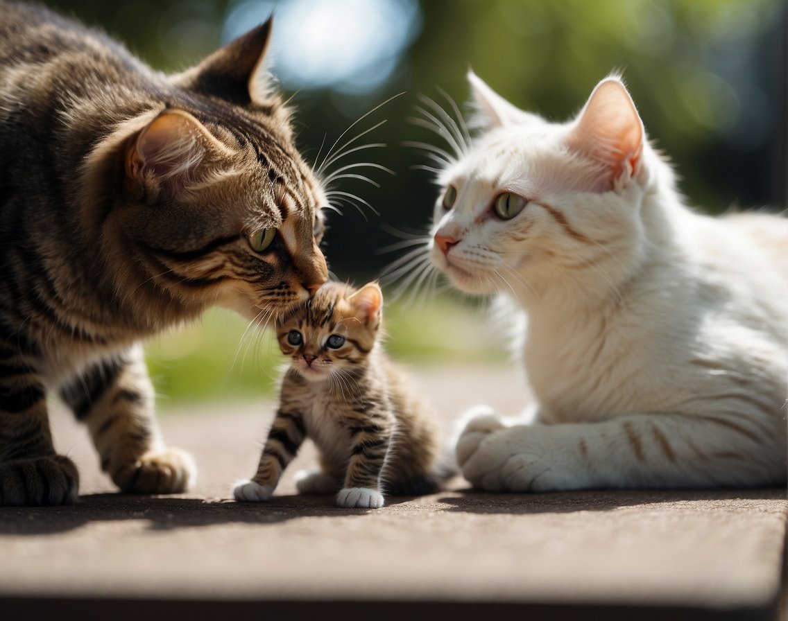 Two male cats sniff and nuzzle their kittens. One cat grooms a kitten while the other watches. The kittens play and pounce, while the males observe