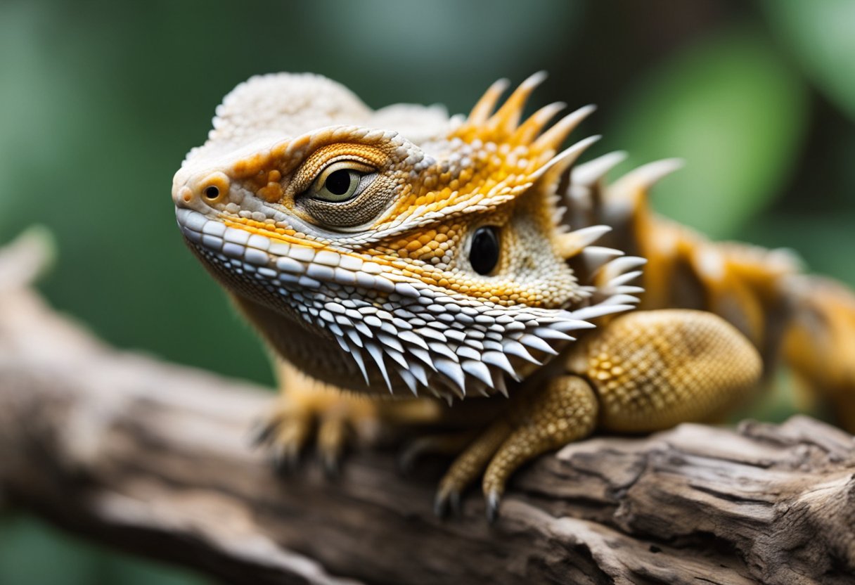 A bearded dragon sits on a branch, its eyes focused on a bowl of food. The bowl is empty, and the dragon looks hungry