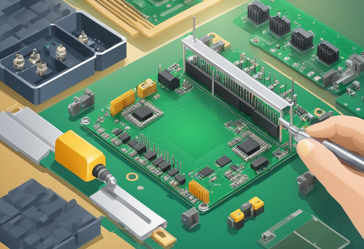 PCB assembly fixture holds circuit board, components, and soldering tool in place for efficient assembly