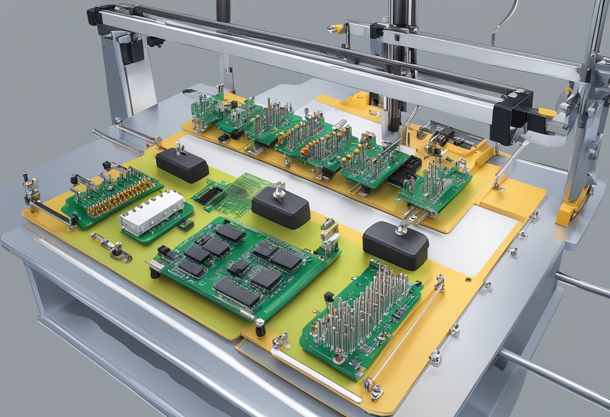 A PCB assembly fixture holds circuit boards in place for soldering and testing. It consists of adjustable clamps and support structures