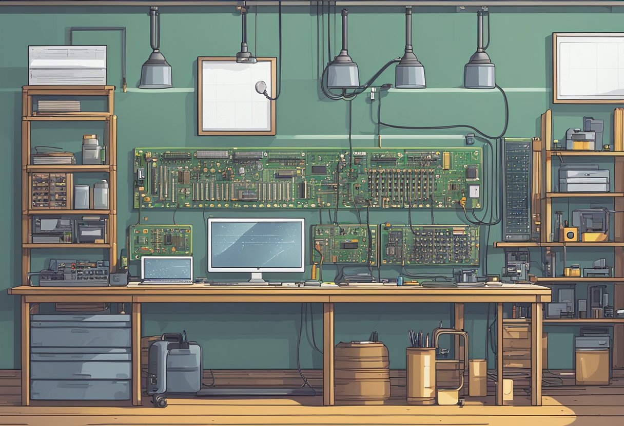 PCB fixtures arranged on a workbench, with components and tools nearby. Soldering iron heating up, while a technician prepares to assemble a circuit board