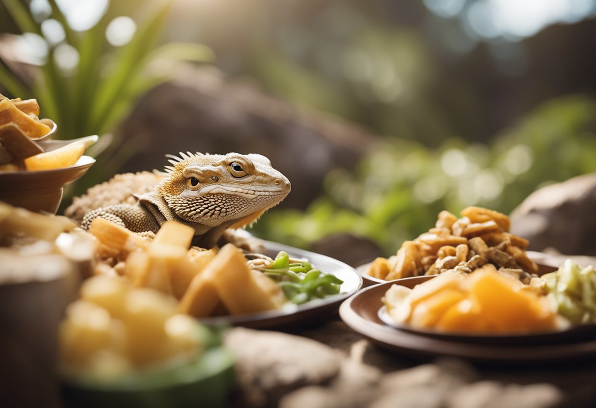 A bearded dragon lounges on a warm rock, its belly slightly sunken, surrounded by empty food dishes