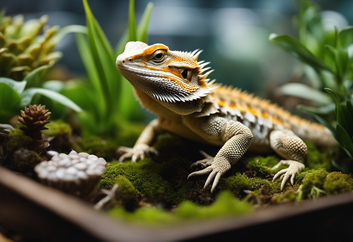 A bearded dragon sits in a terrarium, surrounded by wilted plants and empty food dishes. It appears weak and lethargic