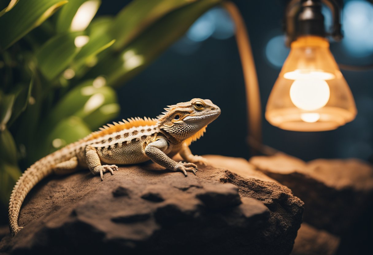 A bearded dragon sits on a warm rock under a heat lamp, with a shallow dish of water nearby. Its tank is spacious with hiding spots and climbing branches