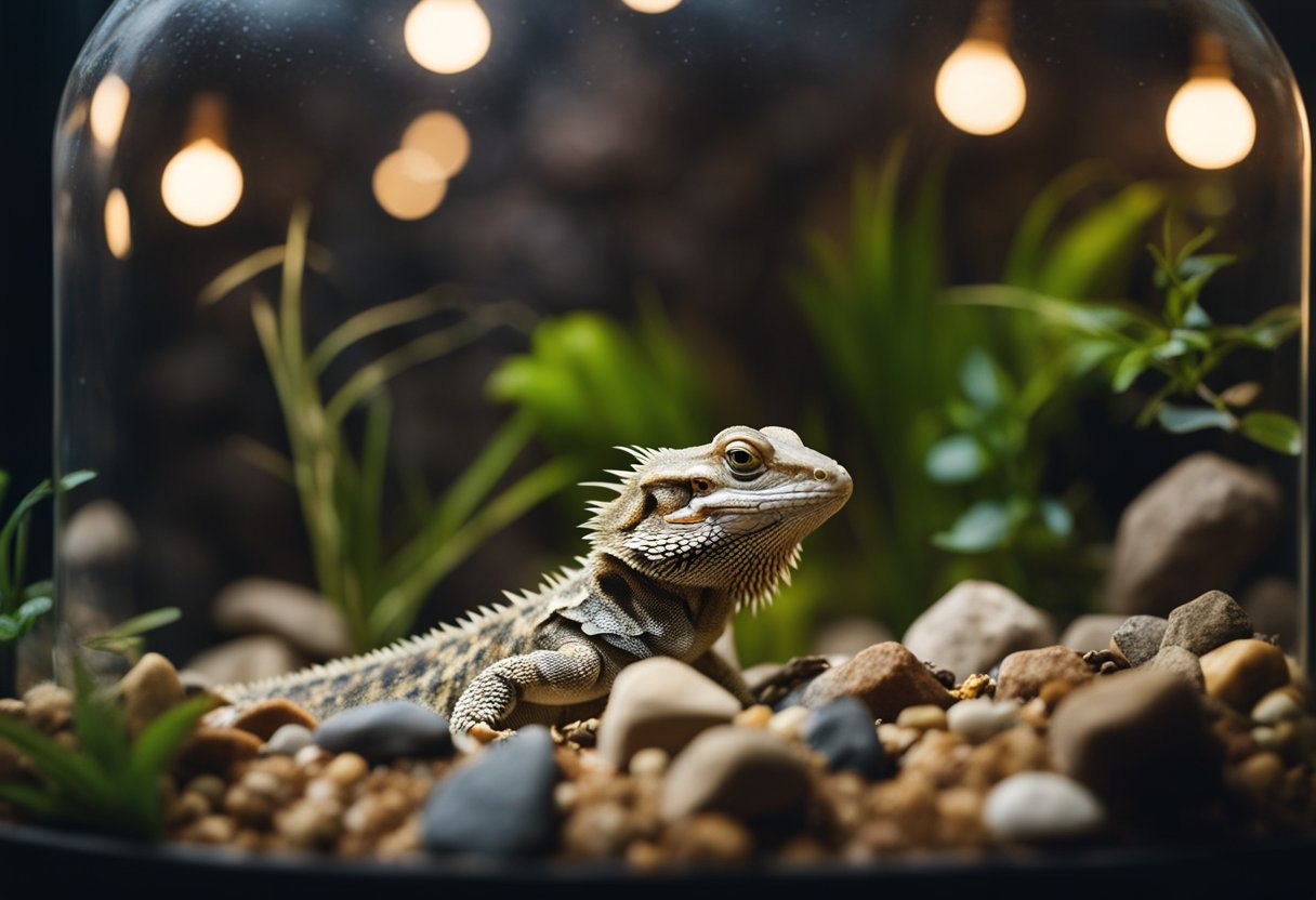A bearded dragon sits in its terrarium, surrounded by rocks and branches. Its empty food bowl sits untouched as it basks under a heat lamp