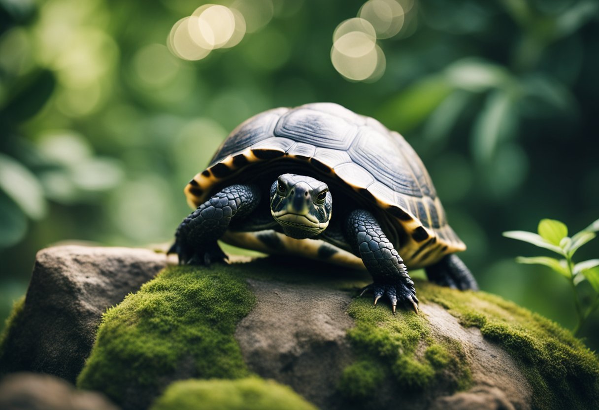 A turtle sits on a rock, surrounded by greenery. Its eyes are focused, and its body is still, conveying patience and endurance