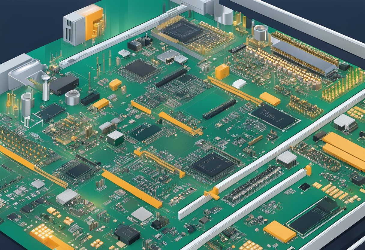 Various electronic components being assembled onto a printed circuit board in a Chinese manufacturing facility