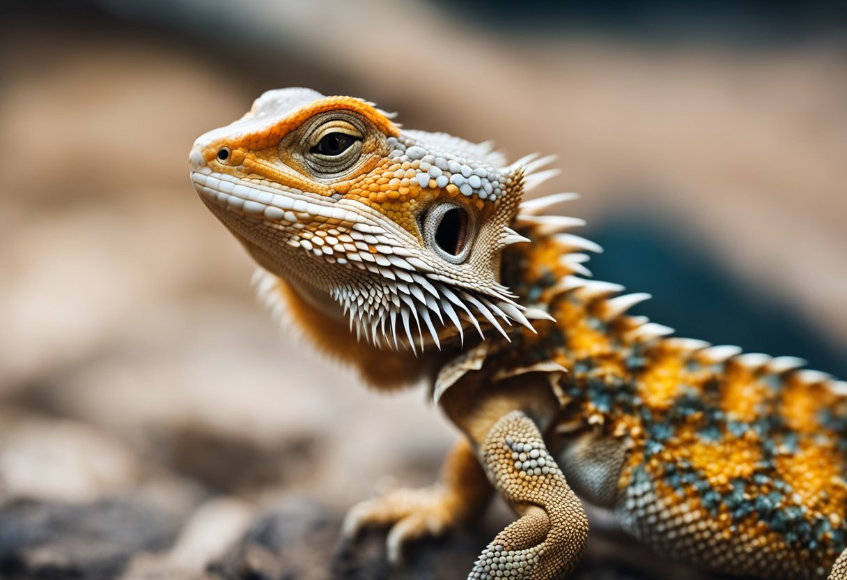 A bearded dragon sheds its skin, scales flaking off in small pieces, revealing new, vibrant colors underneath