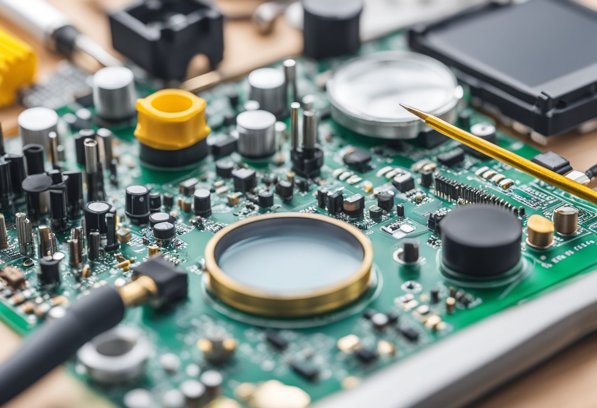 Components arranged on a PCB with soldering equipment nearby. Schematic diagrams and a magnifying glass sit on the workbench