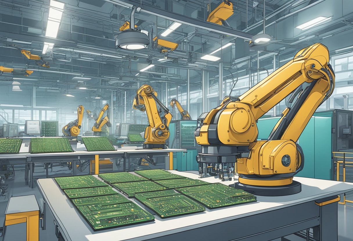 Circuit boards being assembled by robotic arms in a clean, well-lit manufacturing facility