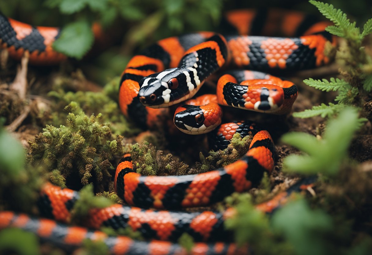 The milk snake and coral snake face off in a coiled position, their vibrant red, black, and white patterns contrasting against each other on the forest floor
