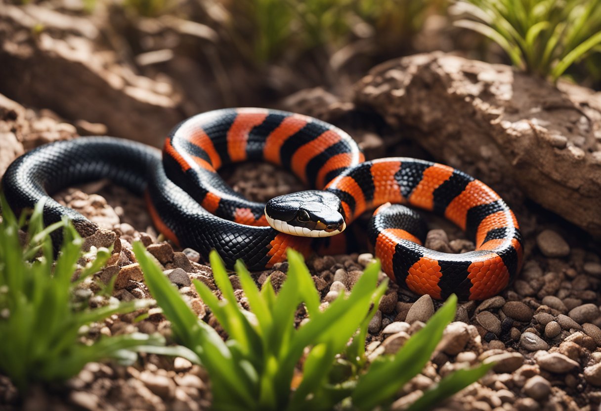 A milk snake and a coral snake slither through a grassy habitat, surrounded by rocky terrain and desert shrubs. The milk snake has vibrant red, black, and white bands, while the coral snake has alternating bands of red, black, and