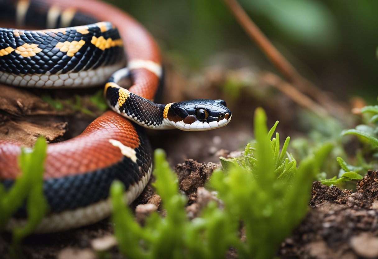 A venomous milk snake confronts a deadly coral snake in a tense standoff