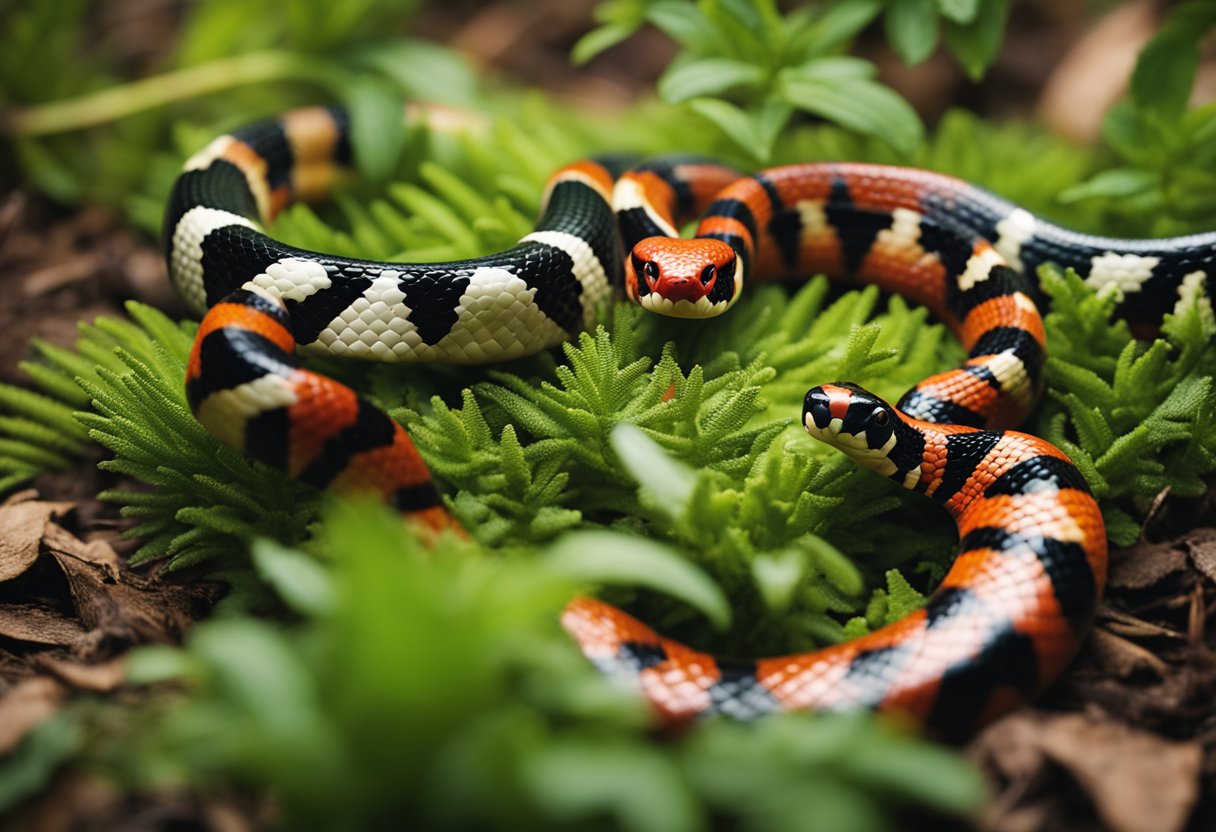 A milk snake and coral snake face off in a forest clearing, their vibrant patterns contrasting against the green foliage
