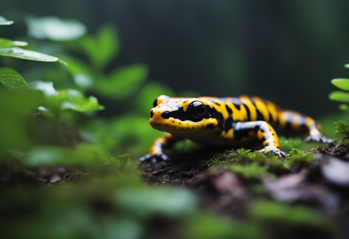 Poison salamanders crawl through a dark, damp forest, their vibrant colors warning of their toxic nature