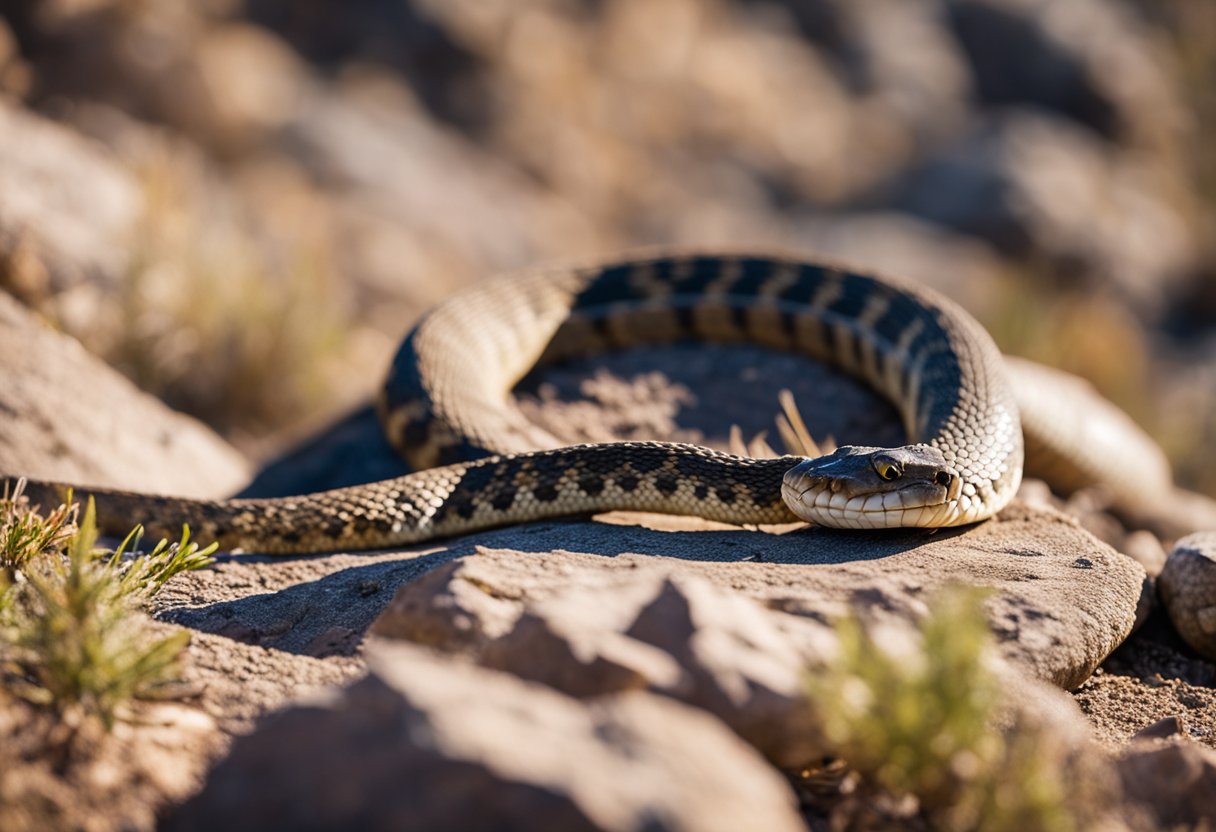 Rattlesnakes slither through rocky terrain in Colorado, basking in the warm sunlight