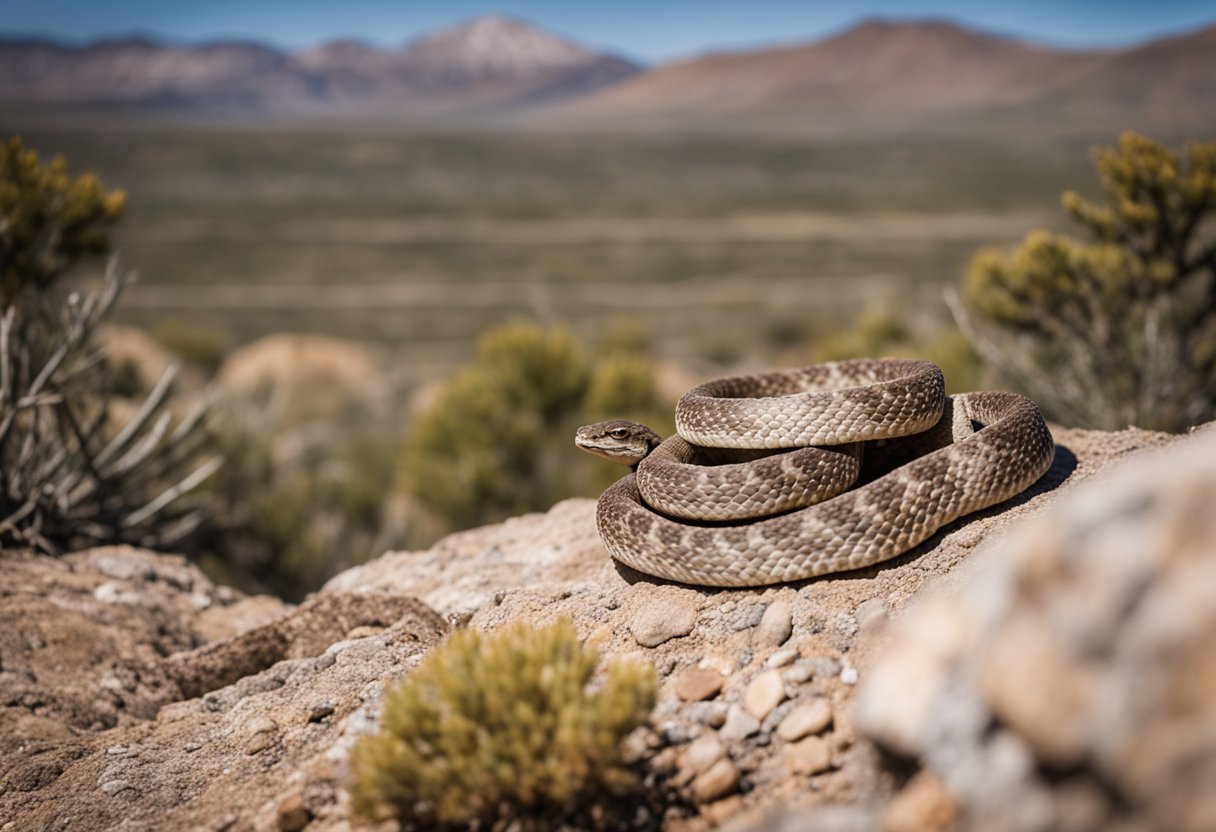 Rattlesnakes coiled among rocky outcrops in Colorado's high desert. Sagebrush and scrub oak dot the landscape, with distant mountains in the background