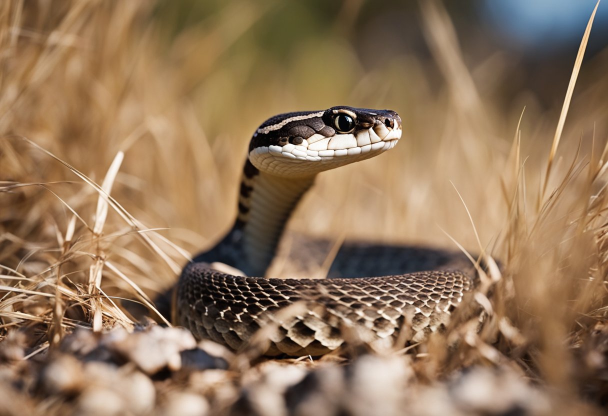 A rattlesnake slithers through dry grass, hunting small rodents. Its scales glisten in the sun, blending with the rocky terrain