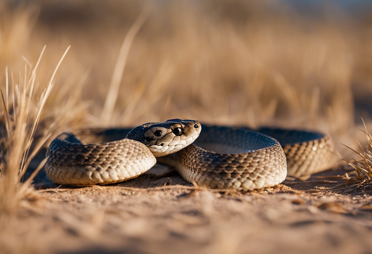 A rattlesnake slithers through the dry grass of the Colorado desert, its scales glistening in the sunlight. Nearby, a group of baby rattlesnakes bask in the warmth, their small, vibrant bodies blending into the sandy