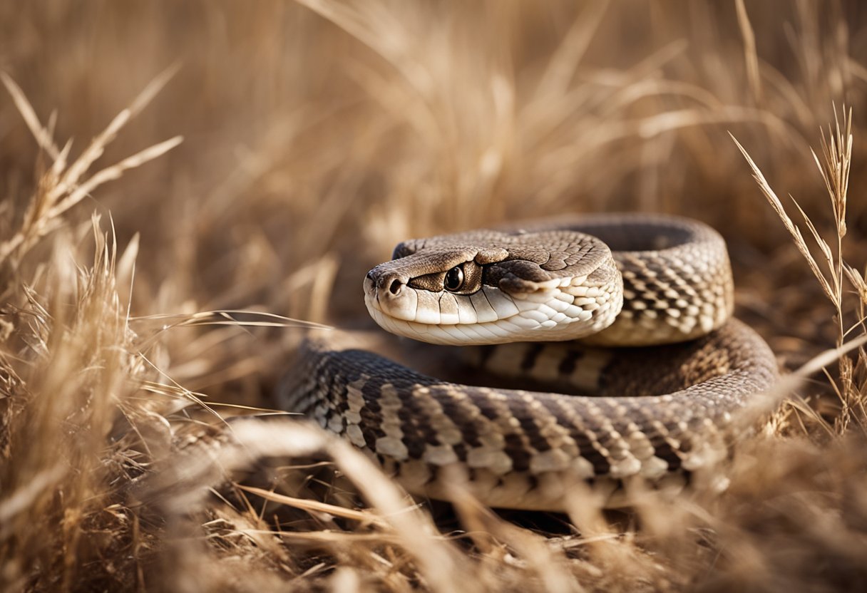A rattlesnake slithers through dry grass in the Colorado desert, blending into its surroundings with its tan and brown scales