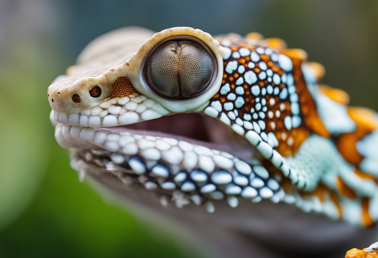 A tokay gecko sinks its teeth into a small insect, its sharp teeth piercing through the prey's exoskeleton