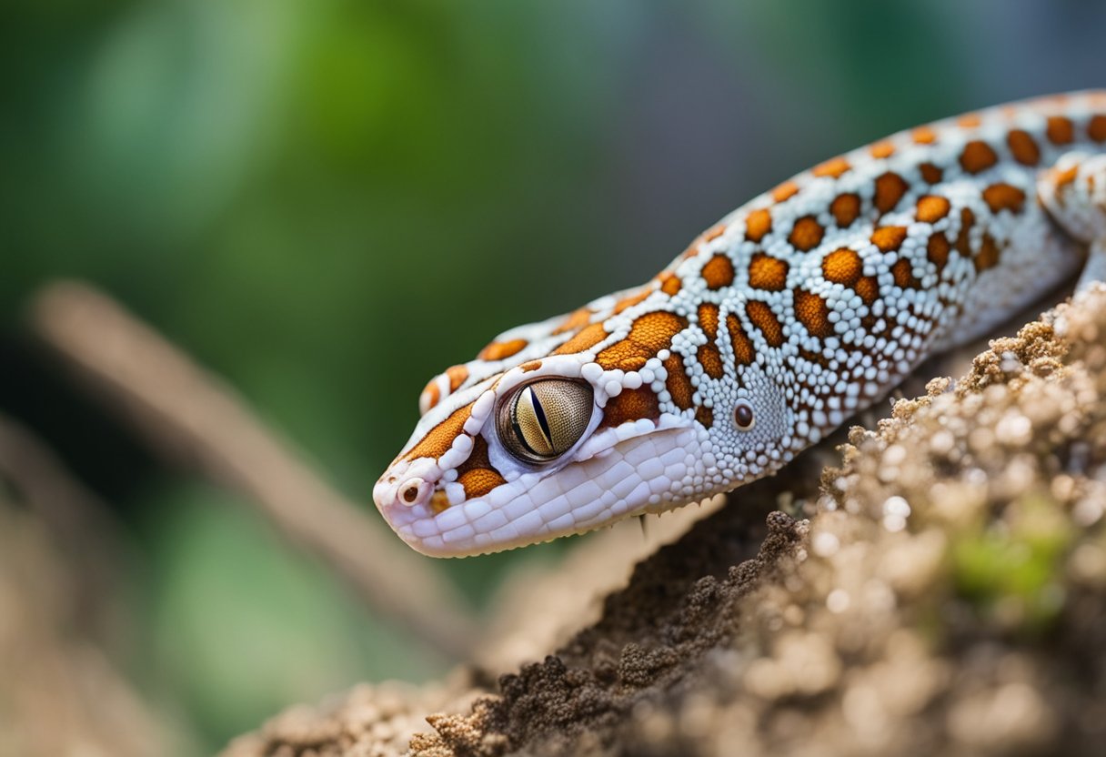 A tokay gecko bites a surface, venom visible. A first aid kit and treatment supplies nearby