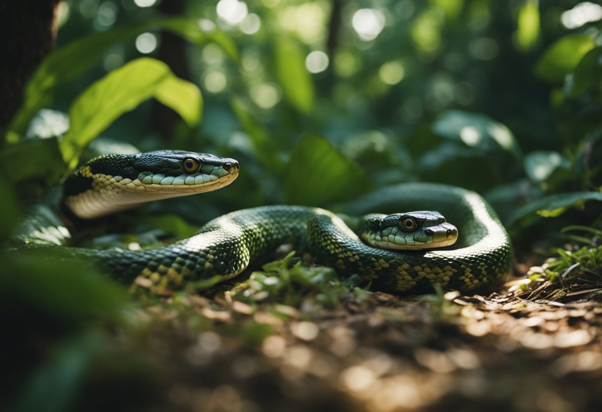 Serpents slither through a dense jungle, their scales glistening in the dappled sunlight as they wind their way through the underbrush