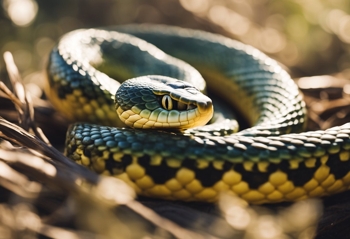 A coiled serpent with forked tongue, scales glinting in the sunlight, poised to strike
