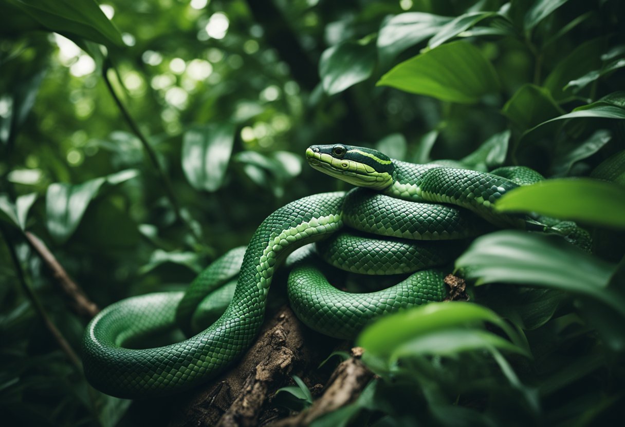 Various serpents slithering through a lush jungle, coiled around tree branches and slinking through the underbrush