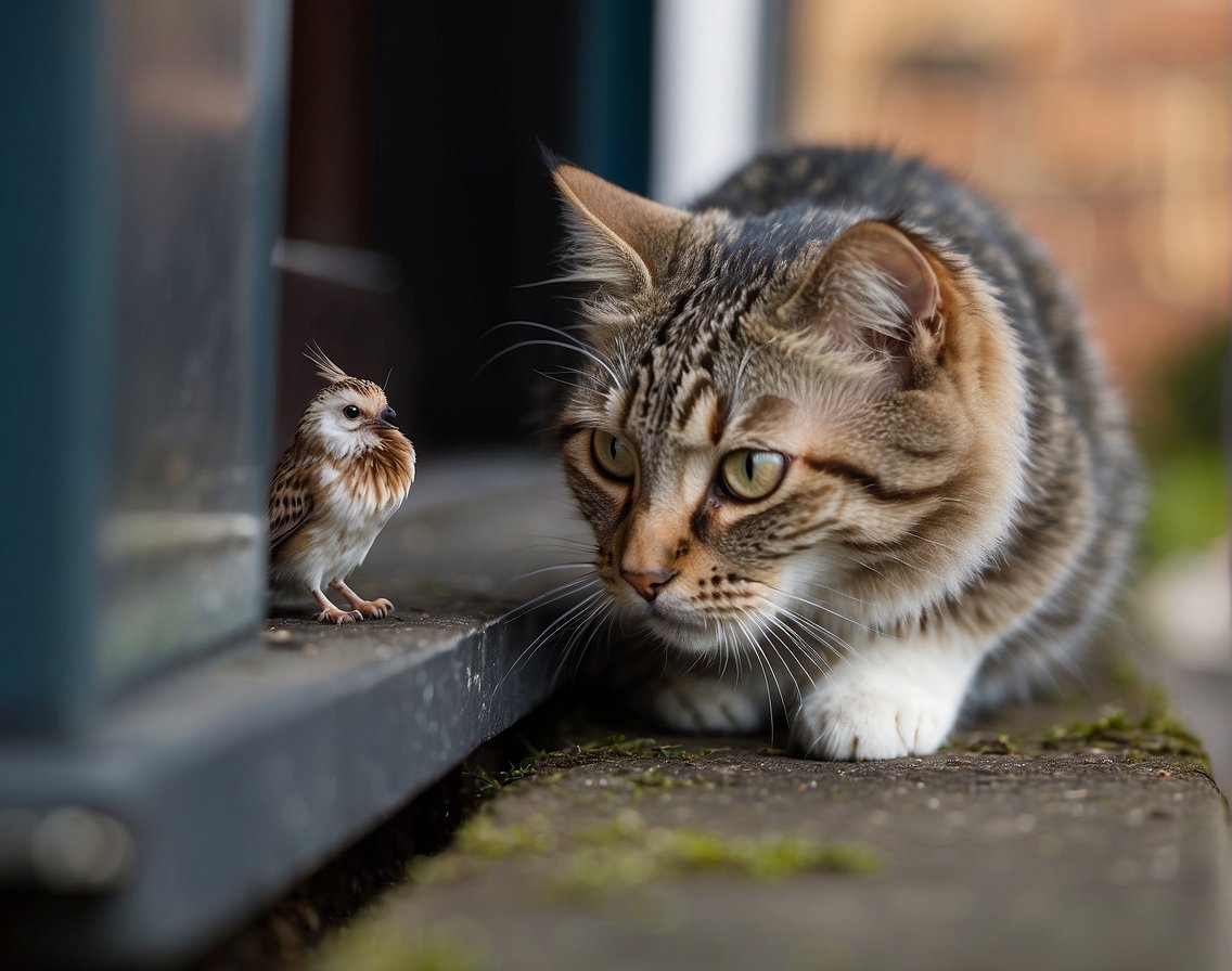 A cat proudly presents a dead bird at the doorstep, tail held high