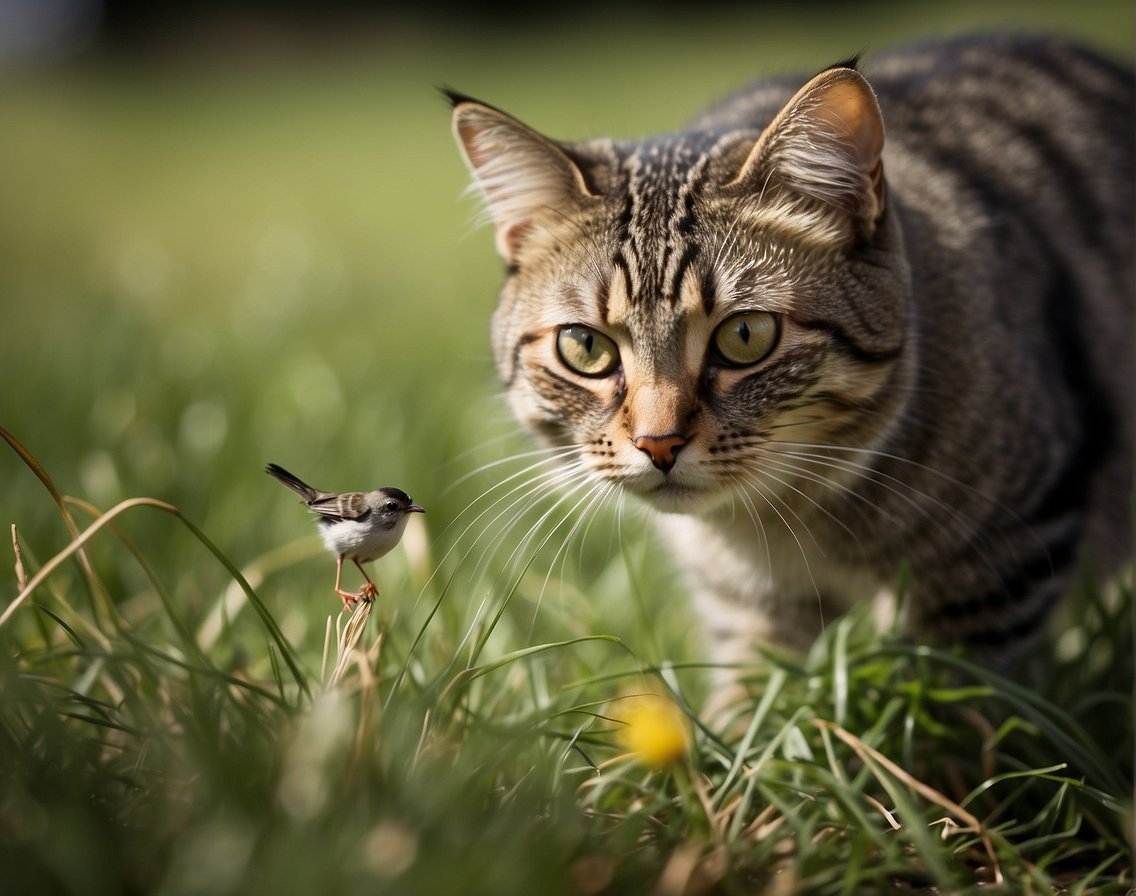 A cat crouches low in the grass, eyes fixed on a small bird. Its tail twitches with anticipation as it prepares to pounce