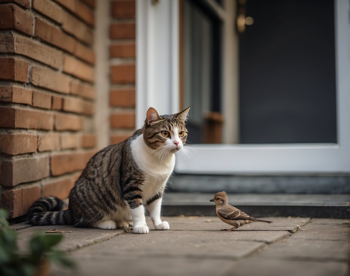 A cat with a proud expression presents a dead bird at the doorstep, while the owner looks on in surprise and confusion