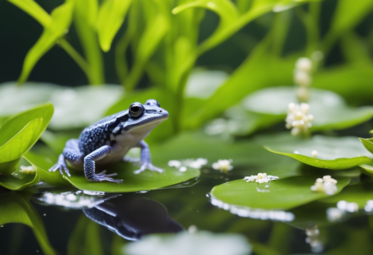 An African dwarf frog sits on a bed of aquatic plants, eagerly catching and swallowing small insects and worms with its long, sticky tongue