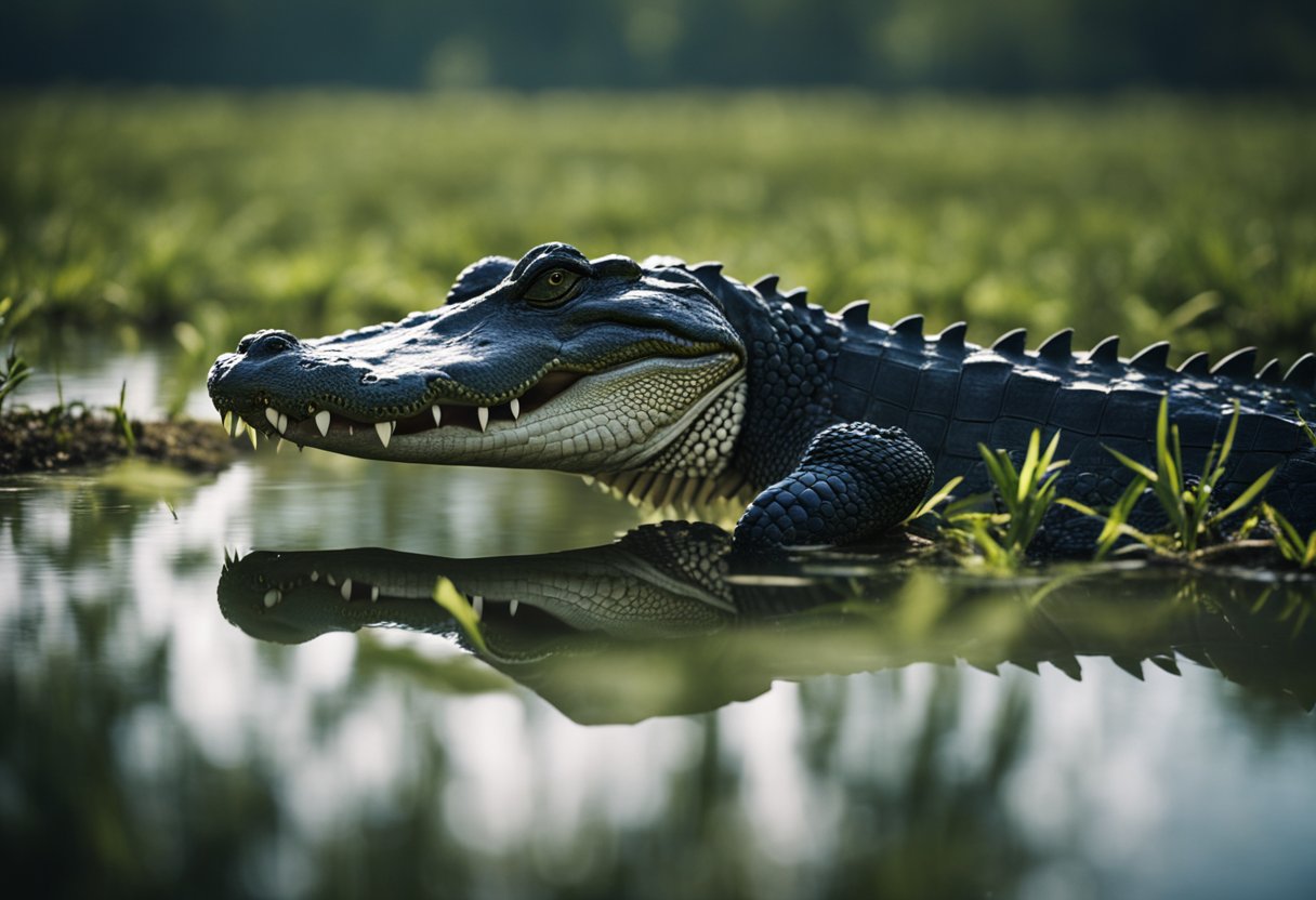 An alligator and a crocodile face off in a swamp, their powerful bodies poised for a showdown