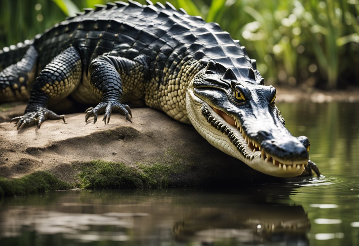 A large alligator looms over a smaller crocodile, showcasing the size difference between the two reptiles