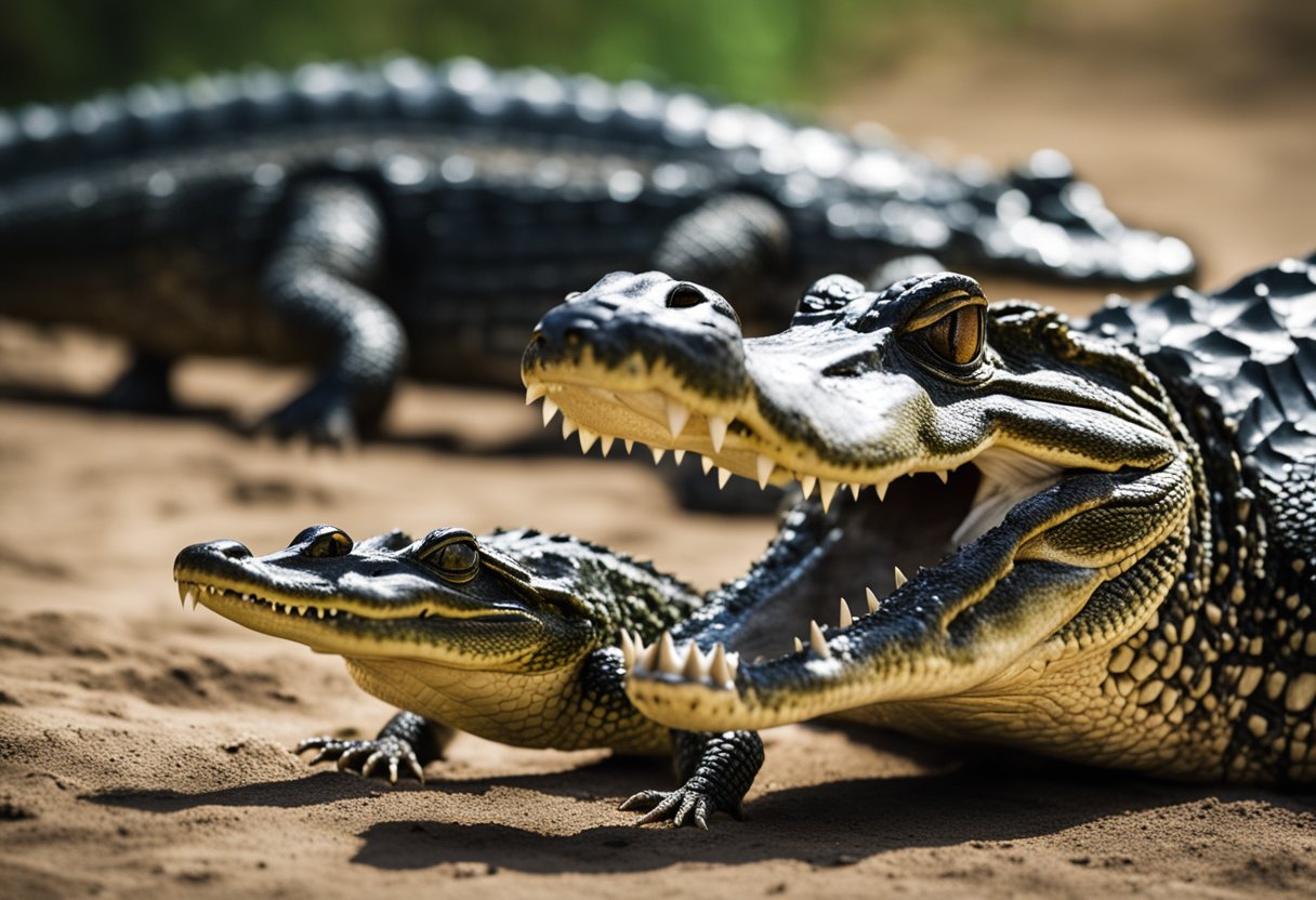 An alligator looms over a smaller crocodile, showcasing the difference in size between the two reptiles