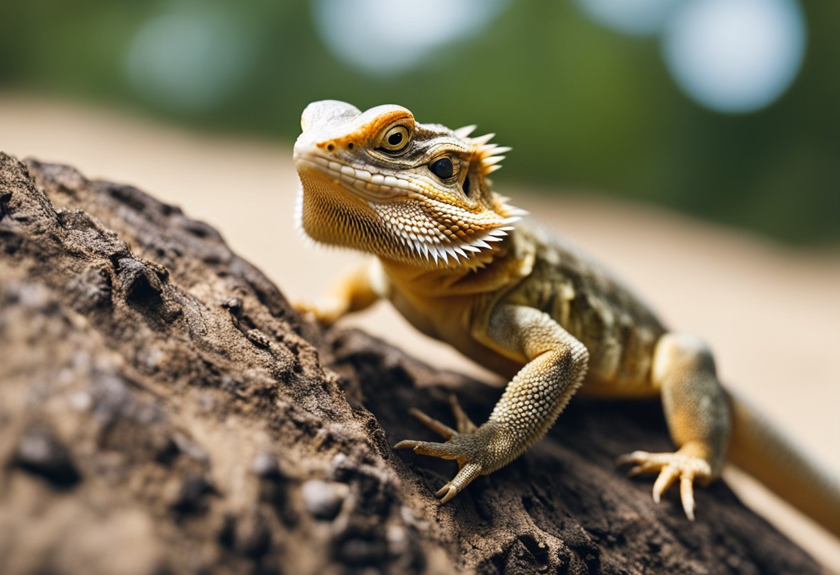 A bearded dragon bites a small insect, its sharp teeth piercing the prey's exoskeleton