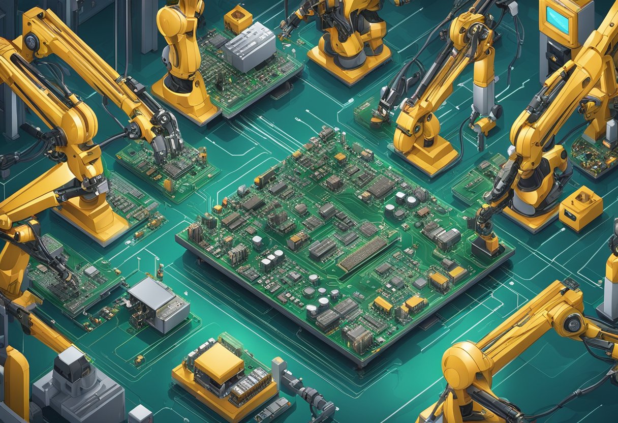 An array of circuit boards being meticulously assembled by robotic arms and precision machinery