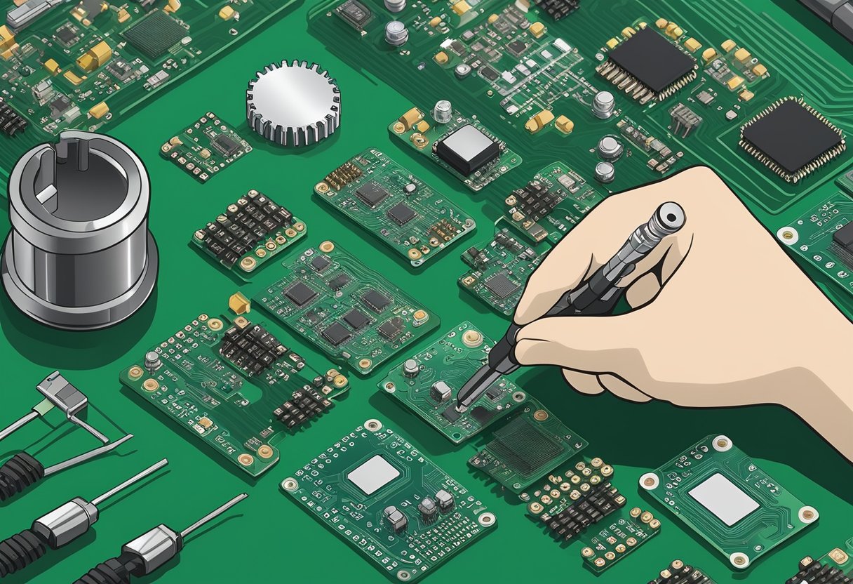 Various electronic components are being soldered onto a green printed circuit board (PCB) by robotic arms in a manufacturing facility