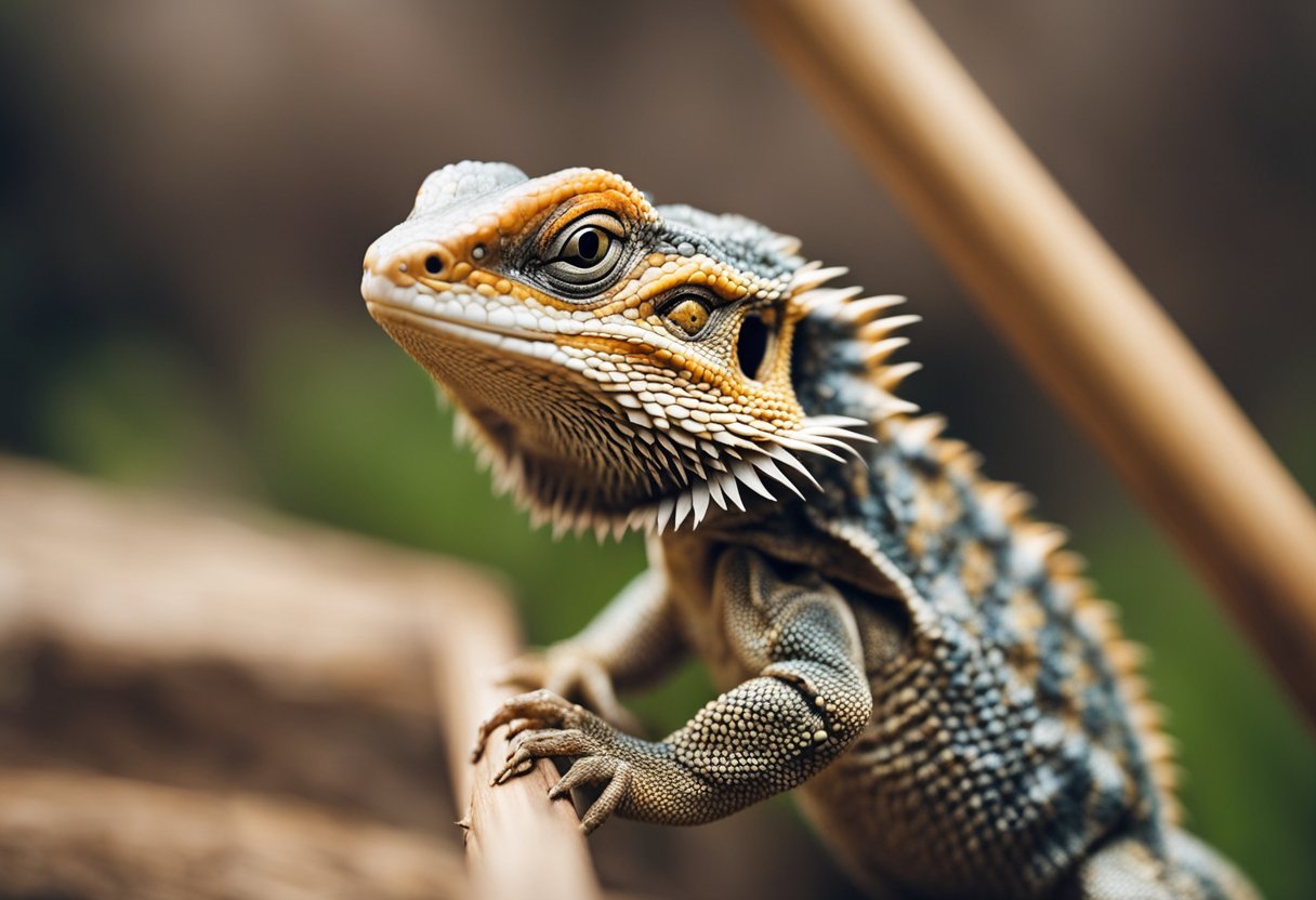A bearded dragon bites a wooden stick during training