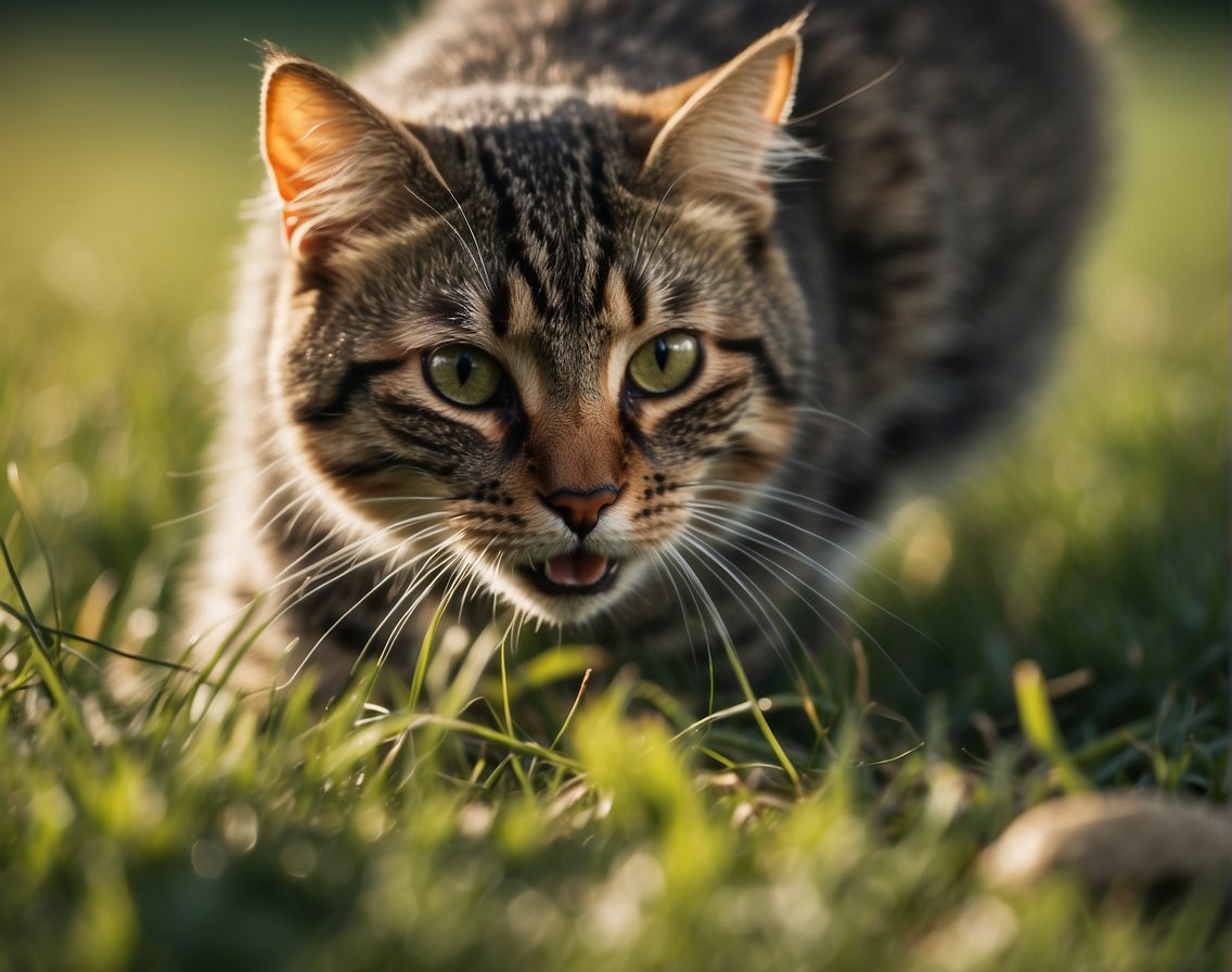 A cat pounces on a small bird in a grassy field. The bird is caught in the cat's mouth as it prepares to devour its prey