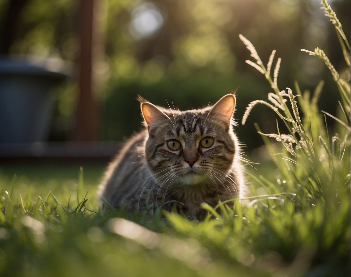 A cat crouches in the grass, eyes fixed on a bird. Its tail twitches as it prepares to pounce. Nearby, a bowl of cat food sits untouched