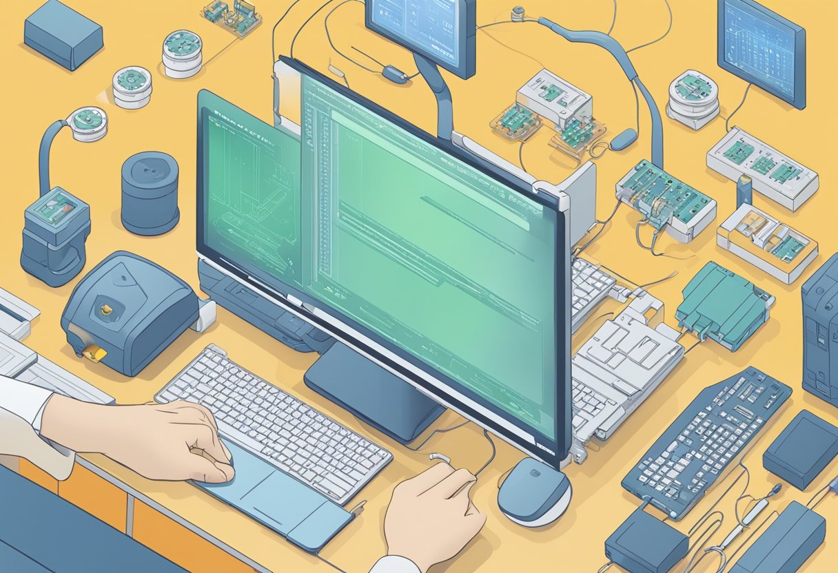 A computer screen displaying a PCB assembly cost estimator tool with various input fields and data tables. An engineer's hand hovers over a mouse, ready to make adjustments