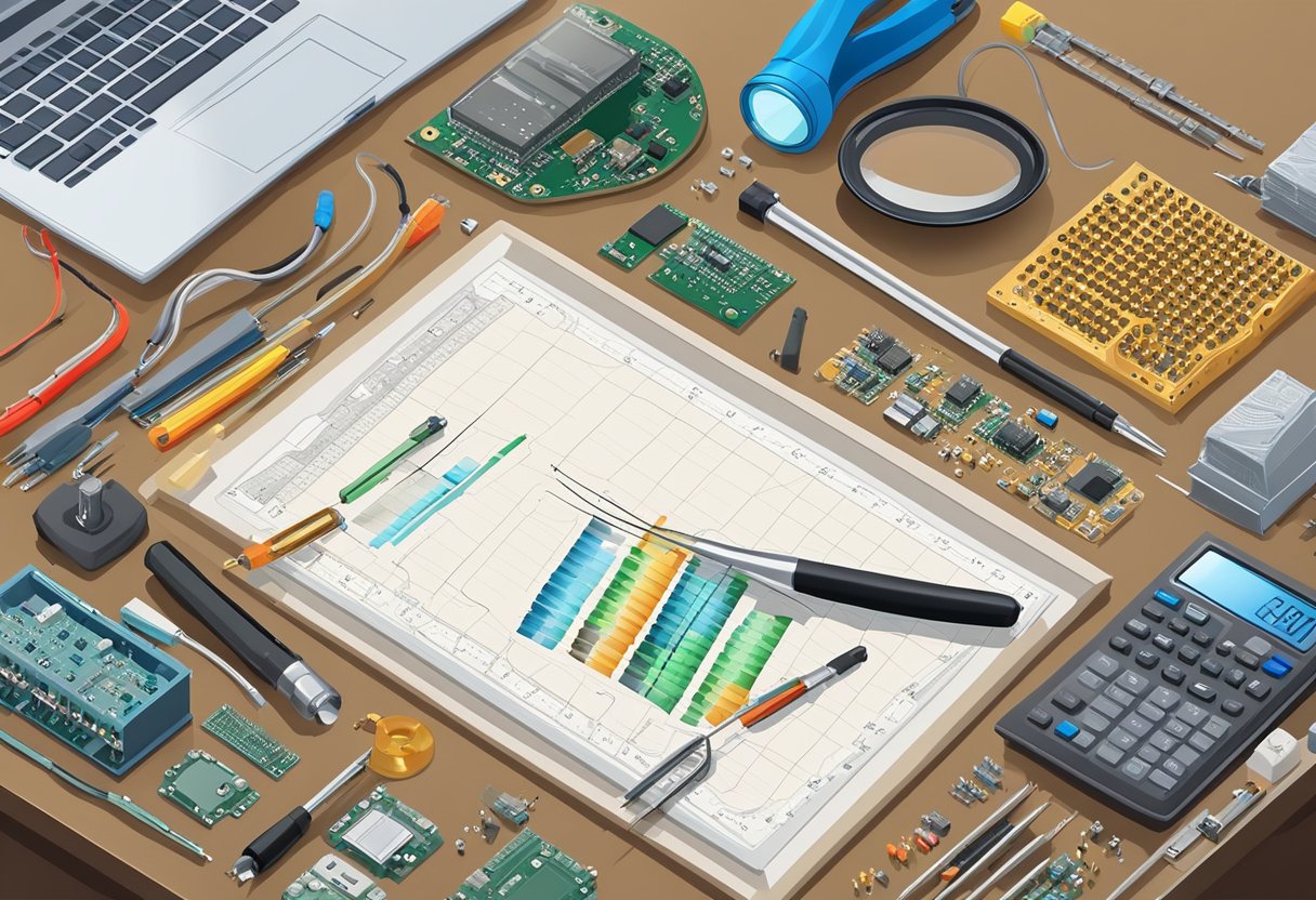 PCB components laid out on a workbench, with soldering iron, solder wire, and magnifying glass nearby. Cost estimation chart and calculator on the desk