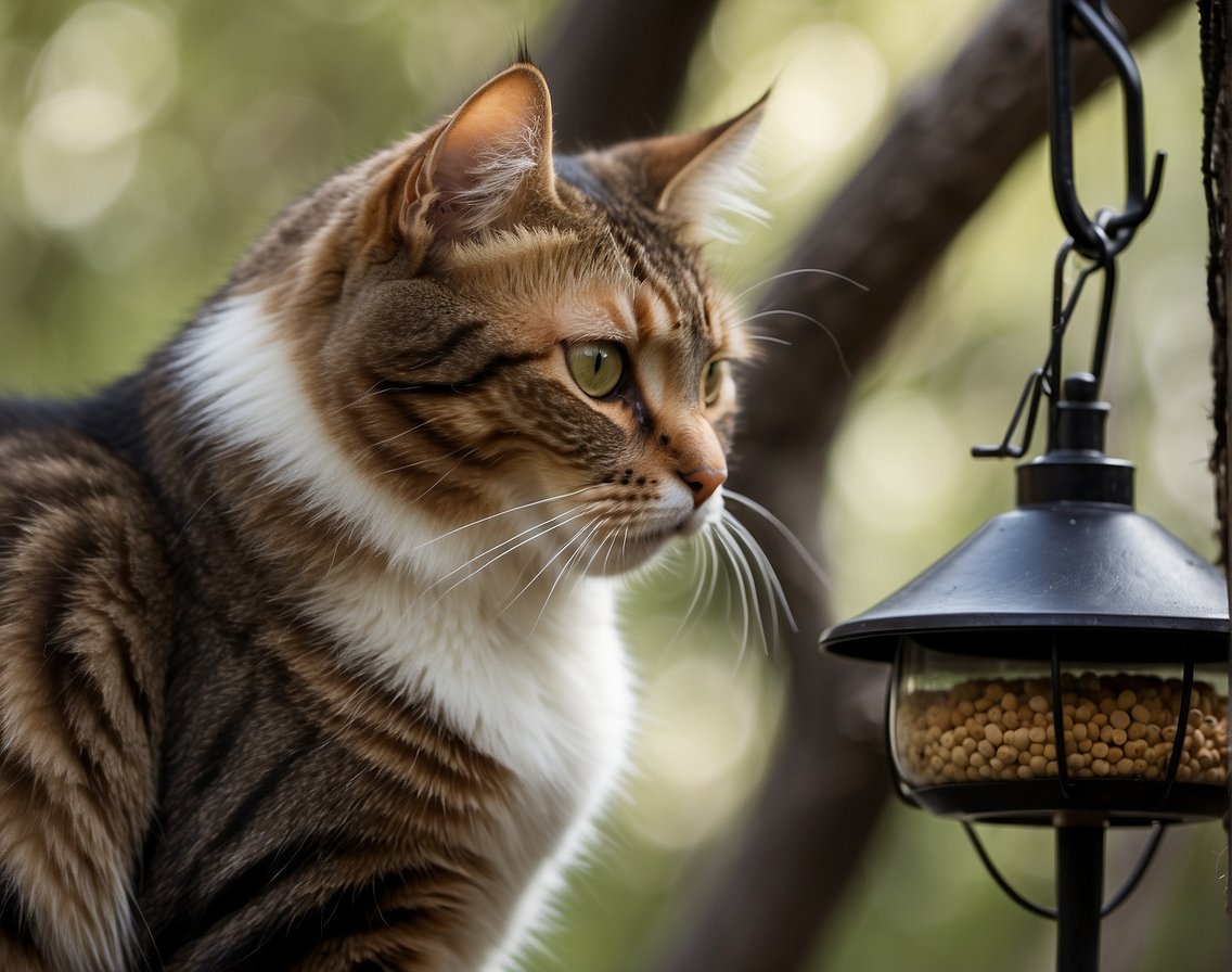 A cat sits next to a bird feeder, looking up at a bird perched on a nearby branch. The cat's owner watches from a distance, ready to intervene if necessary