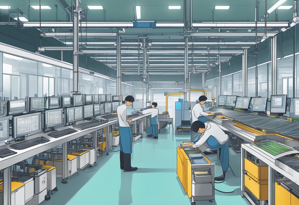 An automated online quote system for PCB assembly in China. Multiple components and machines working together in a factory setting