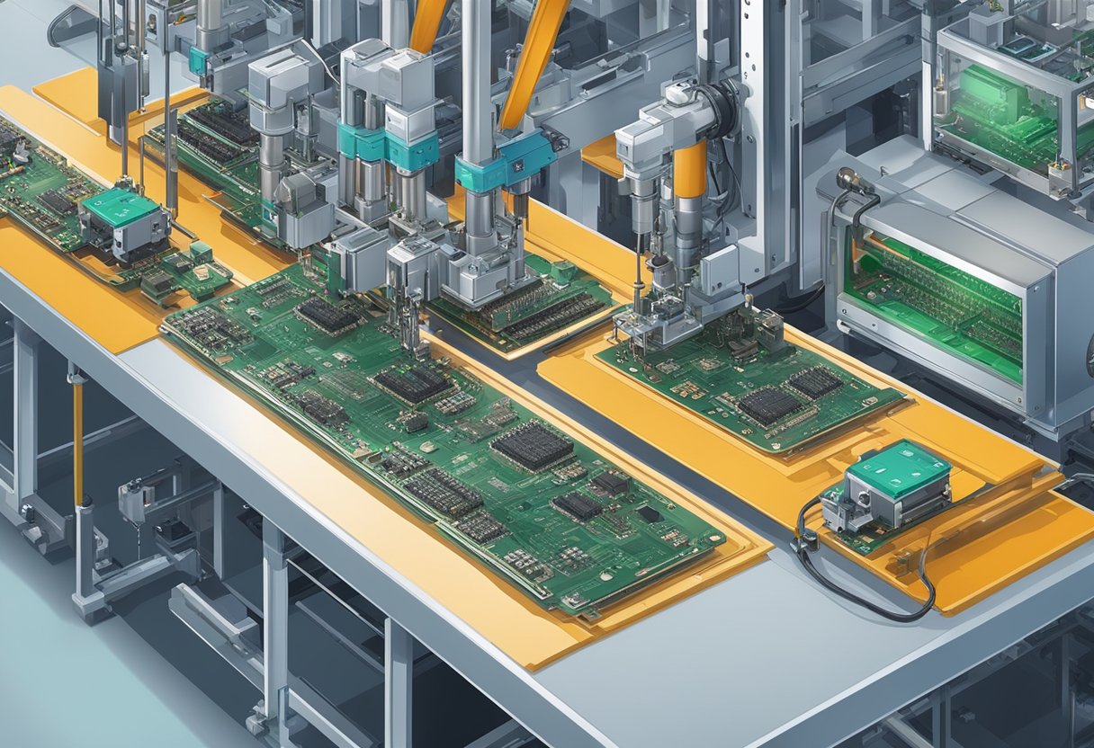 PCB components being placed and soldered onto a circuit board by automated machines in a manufacturing facility