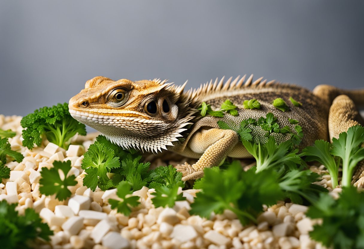 A bearded dragon is surrounded by pieces of parsley, with a caution sign in the background. The dragon looks hesitant, unsure if it should eat the parsley